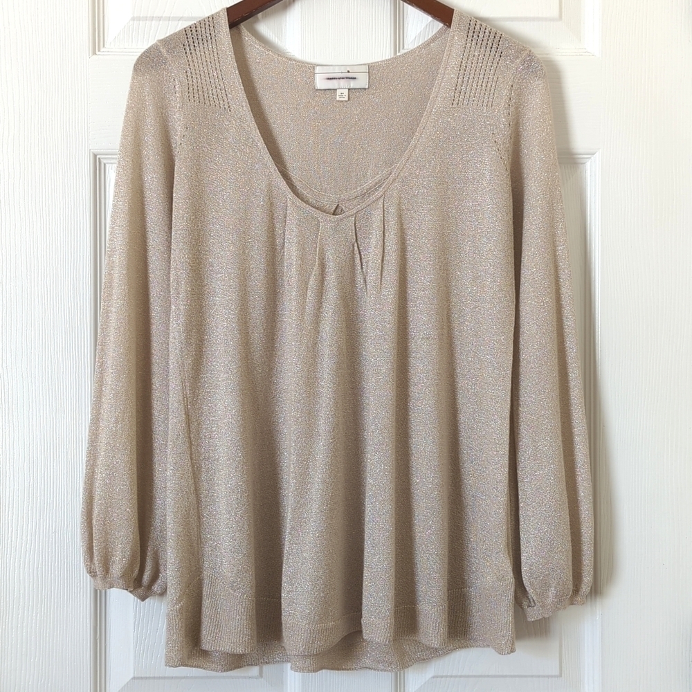Angel of the North Gold Lurex Pleated Scoop Neck Long Balloon Sleeve Blouse S - Picture 1 of 14